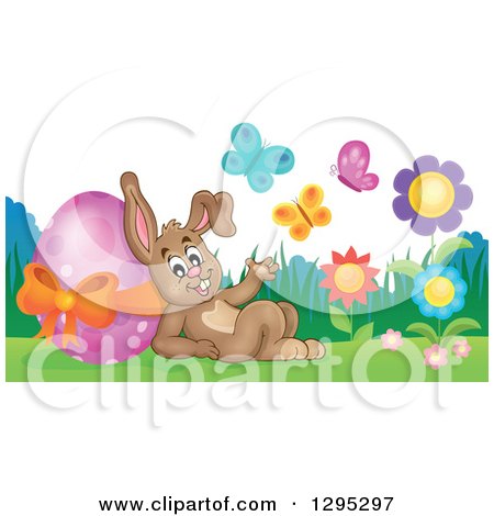 Clipart of a Brown Easter Bunny Rabbit Waving and Leaning Against a Giant Pink Easter Egg, with Butterflies and Flowers - Royalty Free Vector Illustration by visekart