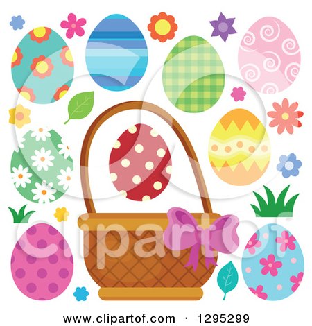 Clipart of a Basket, Easter Eggs, Flowers and Grass - Royalty Free Vector Illustration by visekart