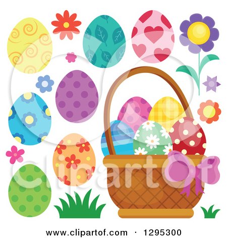 Clipart of a Basket, Patterned Easter Eggs, Flowers and Grass - Royalty Free Vector Illustration by visekart