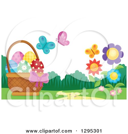 Clipart of a Basket of Easter Eggs with Butterflies and Flowers in a Spring Landscape - Royalty Free Vector Illustration by visekart