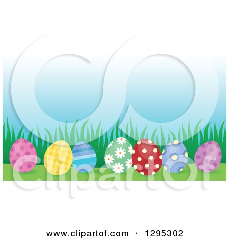 Clipart of Patterned Easter Eggs with Grass and Blue Sky - Royalty Free Vector Illustration by visekart