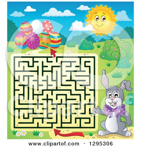Clipart of a Easter Maze of a Rabbit Trying to Get to Eggs - Royalty Free Vector Illustration by visekart