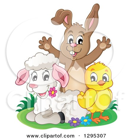 Clipart of a Happy Brown Bunny Rabbit Cheering Behind a Spring Lamb and Chick - Royalty Free Vector Illustration by visekart
