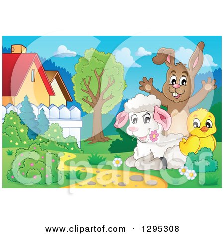Clipart of a Happy Brown Bunny Cheering Behind a Spring Lamb and Chick in a Meadow - Royalty Free Vector Illustration by visekart