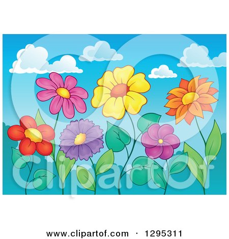 Clipart of Colorful Growing Spring Flowers Against Mountains and Sky - Royalty Free Vector Illustration by visekart