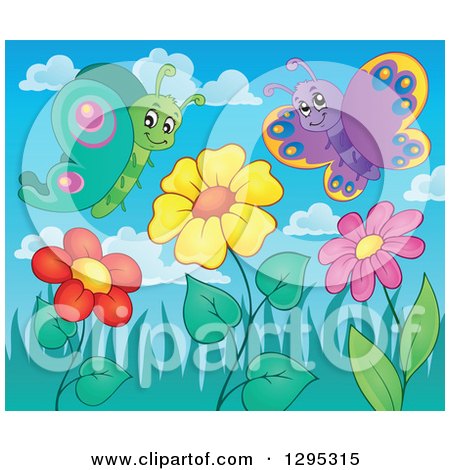 Clipart of a Spring Flower Garden with Cartoon Happy Butterflies - Royalty Free Vector Illustration by visekart