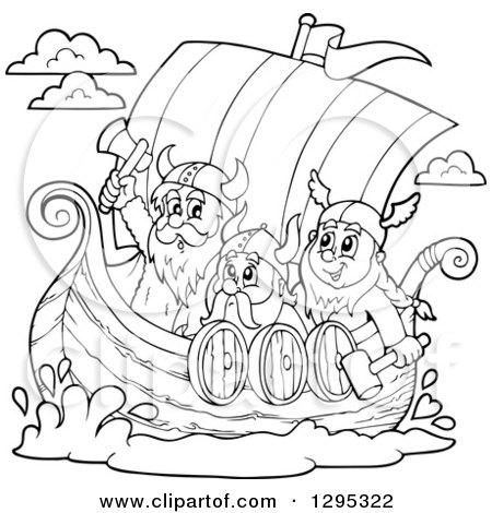 Clipart of Black and White Lineart Cartoon Vikings Ready for Battle in a Ship - Royalty Free Vector Illustration by visekart