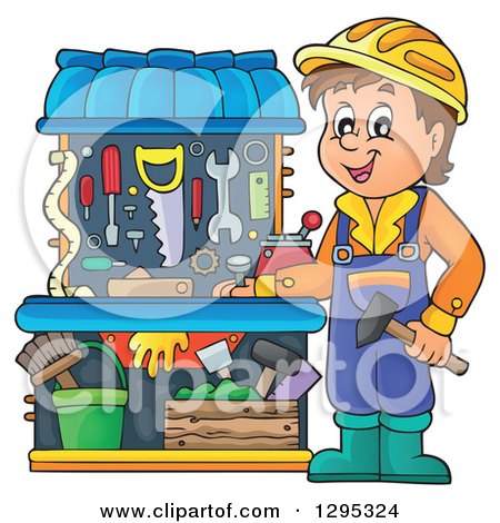 Clipart of a Happy Brunette White Boy Playing with a Carpenter Tool Set - Royalty Free Vector Illustration by visekart