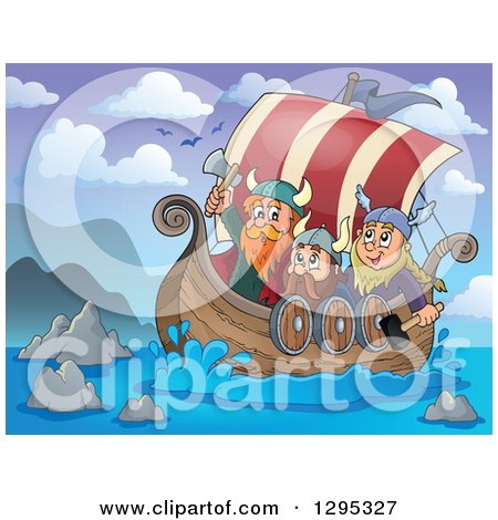 Clipart of Viking Men Ready for Battle in a Ship at Sea - Royalty Free Vector Illustration by visekart