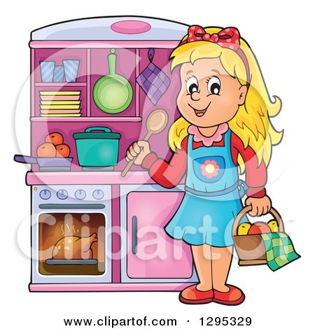 Clipart of a Happy Blond White Girl Playing in a Pretend Kitchen Set up - Royalty Free Vector Illustration by visekart