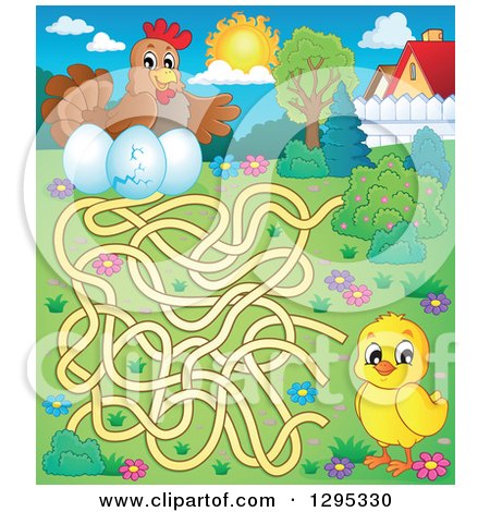 Clipart of a Spring Maze of a Chick Trying to Get to a Hen and Eggs - Royalty Free Vector Illustration by visekart