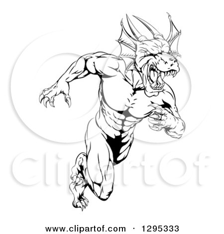 Clipart of a Black and White Muscular Aggressive Dragon Man Mascot Sprinting - Royalty Free Vector Illustration by AtStockIllustration