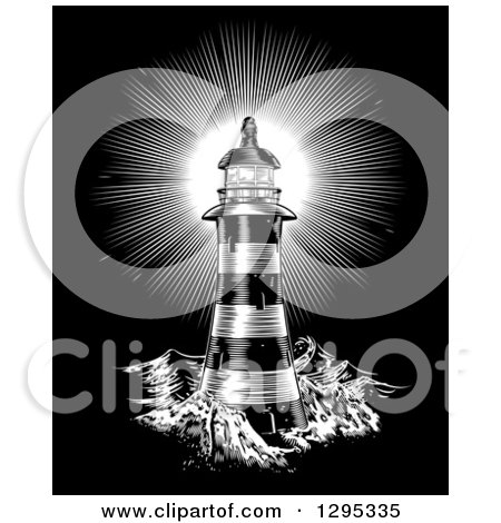 Clipart of a Spiral Lighthouse and Shining Beacon Engraved on Black - Royalty Free Vector Illustration by AtStockIllustration