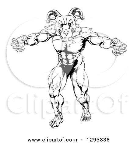 Clipart of a Black and White Muscular Angry Ram with Claws Bared - Royalty Free Vector Illustration by AtStockIllustration
