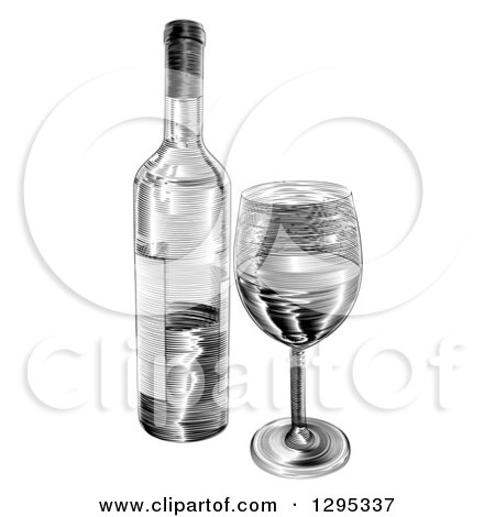 Clipart of a Black and White Engraved Wine Bottle and Glass - Royalty Free Vector Illustration by AtStockIllustration