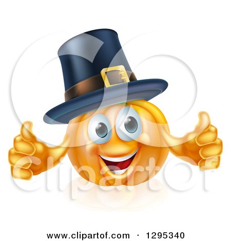 Clipart of a Pleased Thanksgiving Pumpkin Character Wearing a Pilgrim Hat and Giving Two Thumbs up - Royalty Free Vector Illustration by AtStockIllustration