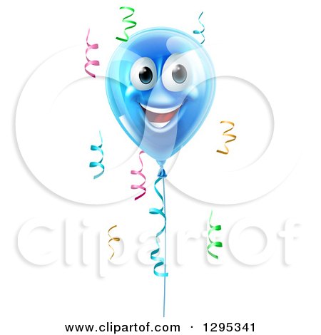 Clipart of a 3d Blue Smiling Happy Birthday Balloon Character and Colorful Ribbon Confetti - Royalty Free Vector Illustration by AtStockIllustration