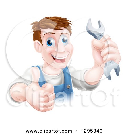 Clipart of a Happy Brunette Middle Aged Caucasian Mechanic Man Holding a Wrench and Giving a Thumb up - Royalty Free Vector Illustration by AtStockIllustration