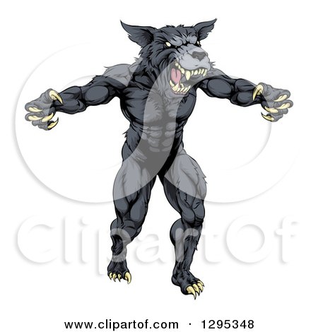 Clipart of a Muscular Angry Aggressive Black Wolf Man Attacking - Royalty Free Vector Illustration by AtStockIllustration