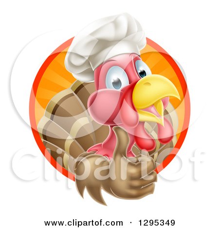 Clipart of a Happy Turkey Bird Chef Holding up a Thumb from Inside a Circle - Royalty Free Vector Illustration by AtStockIllustration