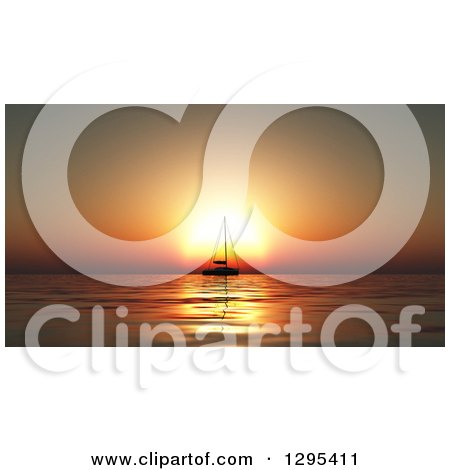 Clipart of a 3d Silhouetted Sailboat Gaainst an Orange Ocean Sunset - Royalty Free Illustration by KJ Pargeter