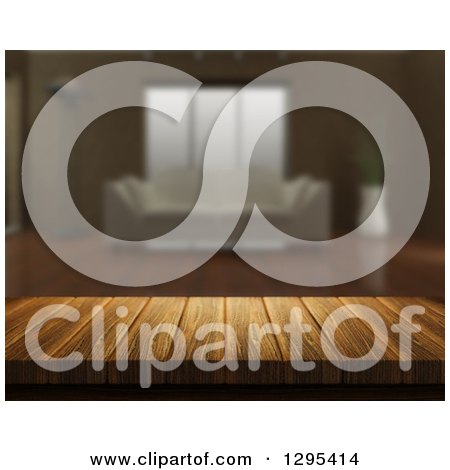 Clipart of a 3d Close up of a Wooden Table and a Blurred Living Room - Royalty Free Illustration by KJ Pargeter