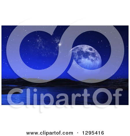 Clipart of a 3d Ocean Landscape and Moon with Night Sky - Royalty Free Illustration by KJ Pargeter