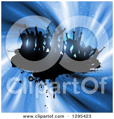 Clipart of a Team of Black Silhouetted Dancers on Grunge over Blue Magical Swirls - Royalty Free Vector Illustration by KJ Pargeter
