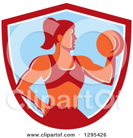 Clipart of a Retro Muscular Fit Woman Working out with a Dumbbell and Doing Bicep Curls in a Red White and Blue Shield - Royalty Free Vector Illustration by patrimonio