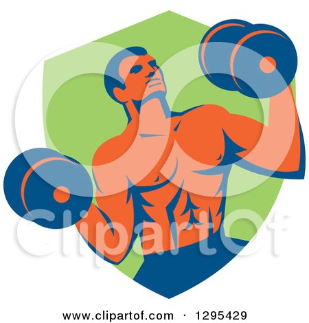 Clipart of a Retro Muscular Male Crossfit Bodybuilder with Dumbbells Emerging from a Green Shield - Royalty Free Vector Illustration by patrimonio