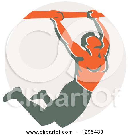 Clipart of a Retro Strong Male Bodybuilder Doing Pull Ups on a Bar over a Taupe Circle - Royalty Free Vector Illustration by patrimonio