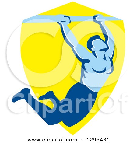 Clipart of a Retro Strong Male Bodybuilder Doing Pull Ups on a Bar over a Yellow Shield - Royalty Free Vector Illustration by patrimonio