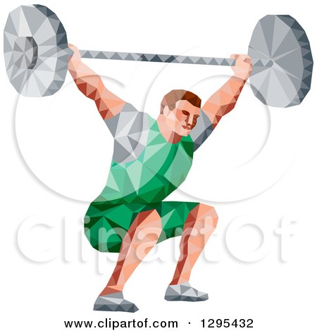 Clipart of a Retro Low Poly White Male Bodybuilder Squatting with a Barbell - Royalty Free Vector Illustration by patrimonio