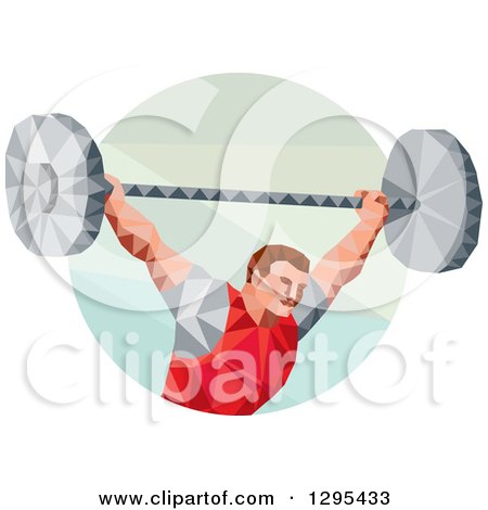 Clipart of a Retro Low Poly White Male Bodybuilder Squatting with a Barbell in a Circle - Royalty Free Vector Illustration by patrimonio