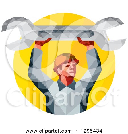 Clipart of a Retro Low Poly Male Mechanic Holding up a Spanner Wrench in a Yellow Circle - Royalty Free Vector Illustration by patrimonio