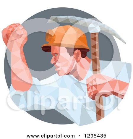 Clipart of a Retro Low Poly Male Coal Miner with a Pickaxe and Fist in a Gray Circle - Royalty Free Vector Illustration by patrimonio