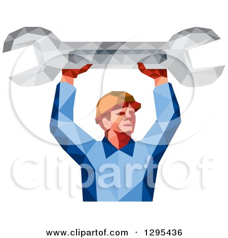 Clipart of a Retro Low Poly Male Mechanic Holding up a Spanner Wrench - Royalty Free Vector Illustration by patrimonio