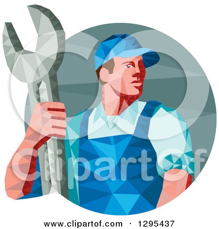 Clipart of a Retro Low Poly Male Mechanic Holding a Spanner Wrench in a Circle - Royalty Free Vector Illustration by patrimonio