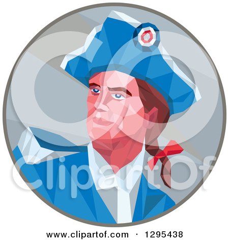 Clipart of a Low Polygon Styled American Patriot Soldier Looking up to the Left, in a Circle - Royalty Free Vector Illustration by patrimonio