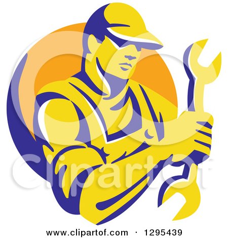 Clipart of a Retro Yellow and Blue Male Mechanic Holding a Wrench in an Orange Circle - Royalty Free Vector Illustration by patrimonio