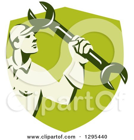 Clipart of a Retro Male Mechanic Holding up a Wrench in a Green Shield - Royalty Free Vector Illustration by patrimonio