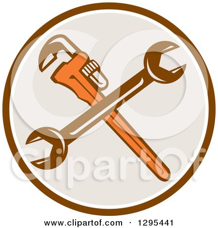 Clipart of a Crossed Plumber Monkey Wrench and Spanner Wrench in a Brown White and Taupe Circle - Royalty Free Vector Illustration by patrimonio
