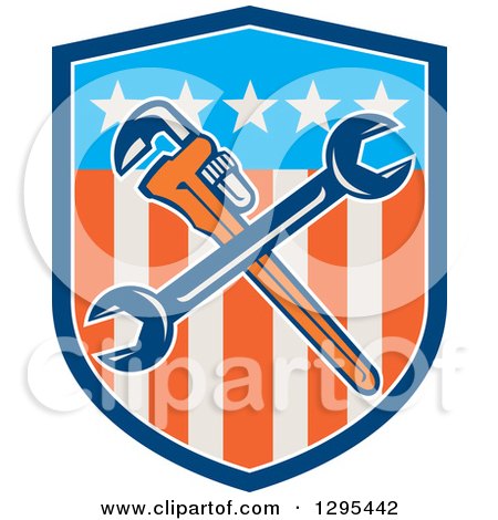 Clipart of a Crossed Plumber Monkey Wrench and Spanner Wrench in an American Shield - Royalty Free Vector Illustration by patrimonio
