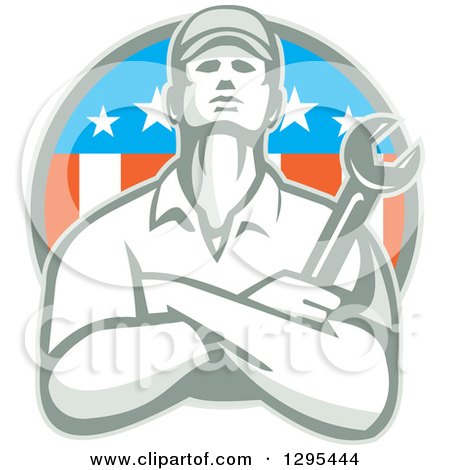Clipart of a Retro Male Mechanic Holding a Wrench with Folded Arms in an American Circle - Royalty Free Vector Illustration by patrimonio