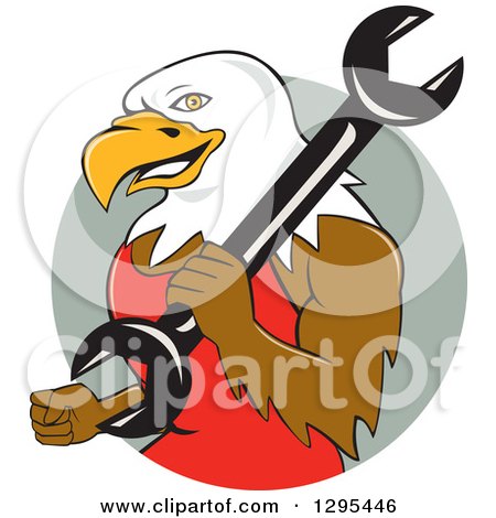 Clipart of a Cartoon Bald Eagle Mechanic with a Wrench in a Circle - Royalty Free Vector Illustration by patrimonio