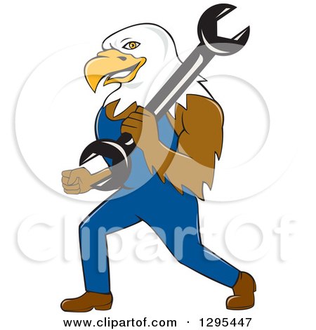 Clipart of a Cartoon Bald Eagle Mechanic Walking with a Wrench - Royalty Free Vector Illustration by patrimonio