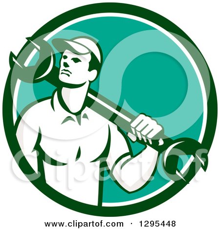 Clipart of a Retro Male Mechanic Holding a Wrench over His Shoulder in a Green White and Turquoise Circle - Royalty Free Vector Illustration by patrimonio