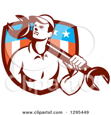 Clipart of a Retro Male Mechanic Holding a Wrench over His Shoulder in an American Shield - Royalty Free Vector Illustration by patrimonio