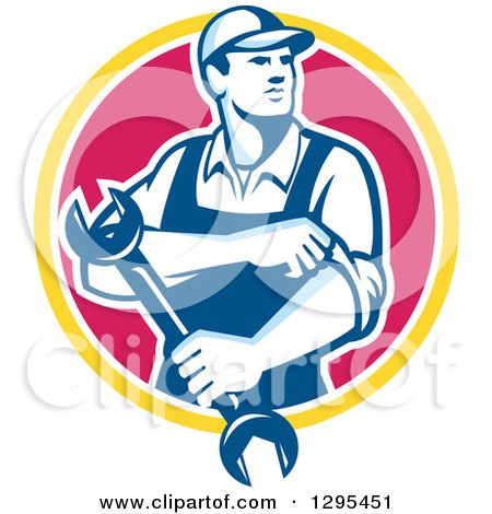 Clipart of a Retro Male Mechanic Rolling up His Sleeves and Holding a Wrench in a Yellow White and Pink Circle - Royalty Free Vector Illustration by patrimonio