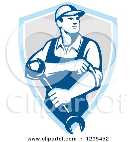 Clipart of a Retro Male Mechanic Rolling up His Sleeves and Holding a Wrench in a Blue White and Gray Shield - Royalty Free Vector Illustration by patrimonio